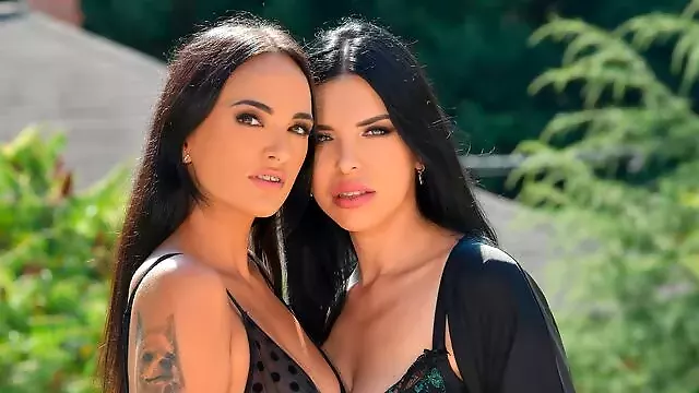 Sexy Brunette Lesbians Claudia Bavel and Kira Queen Trade Strap-on For Masseuses Cock GP2060