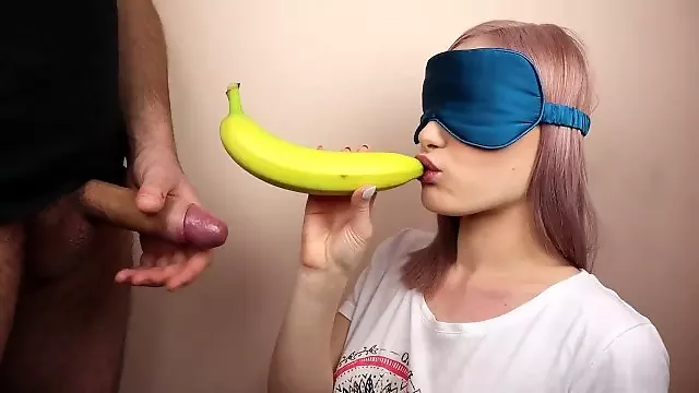 Petite step sister got blindfolded in fruits game