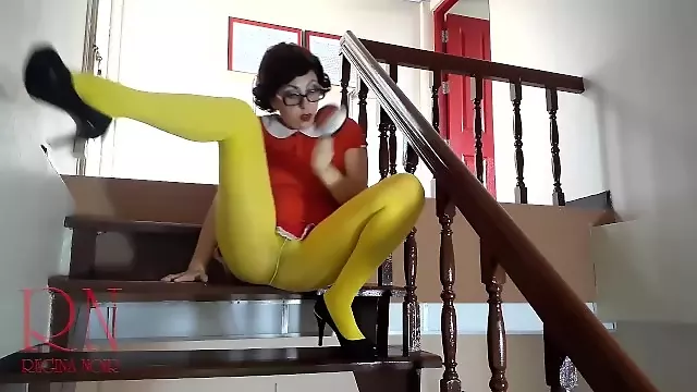 Velma Yellow pantyhose Performing in old house at stairway