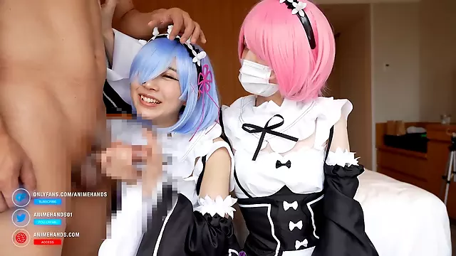 Japanese babes indulge in anime cosplay, giving a guy an armpitjob and handjob