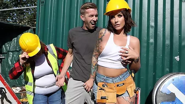Busty construction worker Ivy Lebelle and her friend love their job because a big part of it is catcalling every stud that walks by which makes the workday fly by