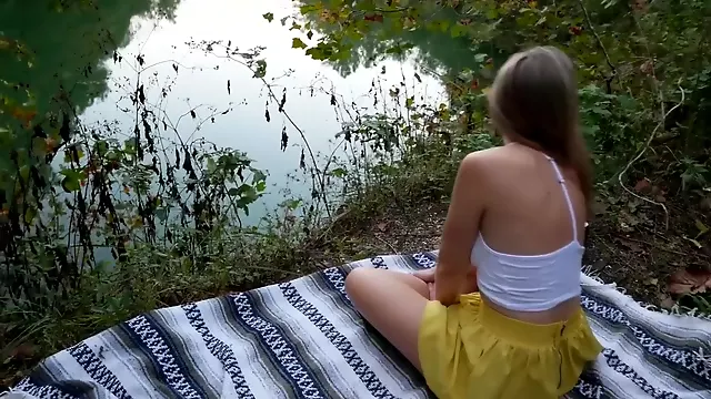 Fucking my happy girlfriend in the woods in her short skirt and sneakers