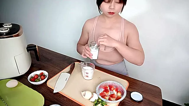 Sexy Busty Beauty Her Cooking Skills Making Snacks - Straw Berry