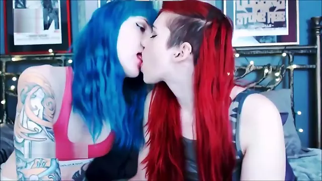 Blue Hair Emo Tranny Fucking her Lesbian Friend on Cam