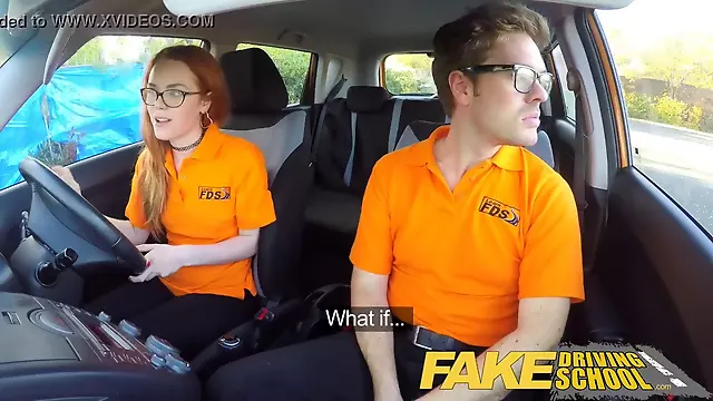Fake driving college nerdy ginger teen pounded to internal cumshot climax